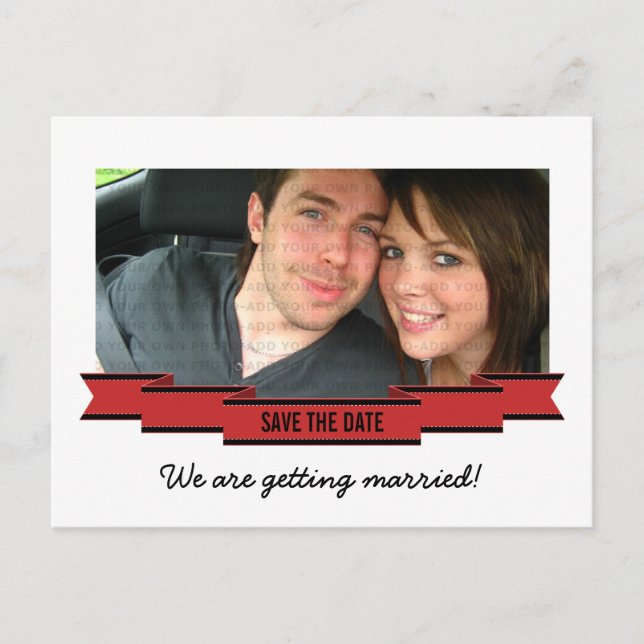 Red Ribbon Photo Save the Date Postcard (Front)