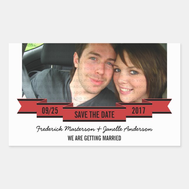 Red Ribbon Photo Save the Date Stickers (Front)