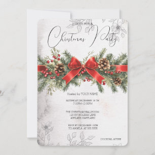 Red Ribbon Pinecone PIne Tree Holly Berry Party Invitation