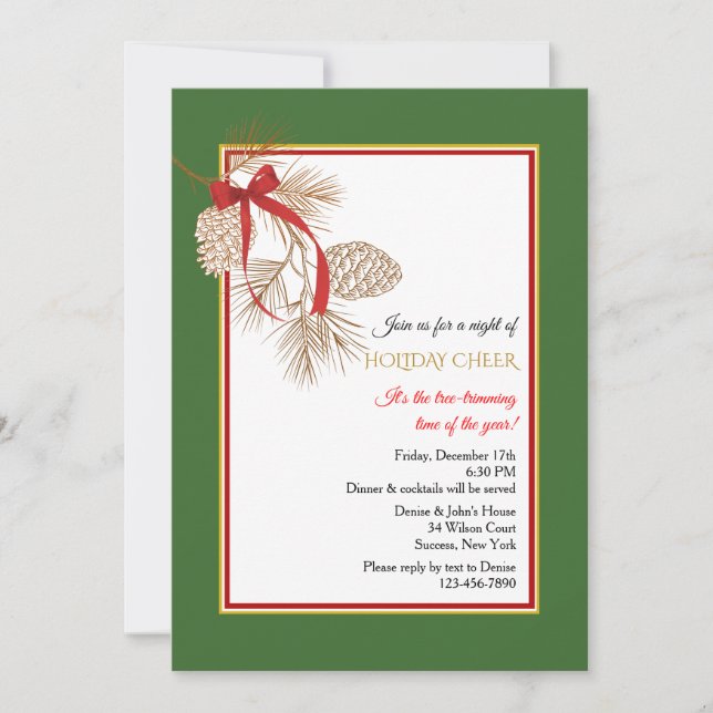 Red Ribbon Pinecones Invitation (Front)