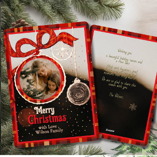 Red Ribbon Plaid  Gold Foil Single Photo Christmas Holiday Card