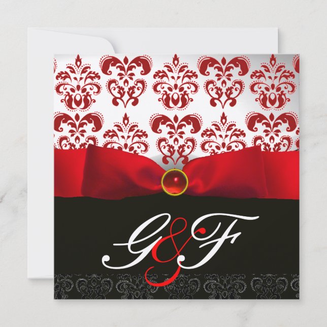RED RIBBON RUBY GOLD BLACK  DAMASK MONOGRAM INVITATION (Front)