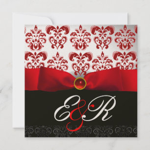 RED RIBBON RUBY WHITE BLACK DAMASK MONOGRAM INVITATION