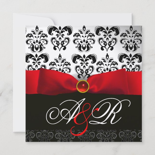 RED RIBBON RUBY WHITE BLACK  DAMASK MONOGRAM INVITATION (Front)