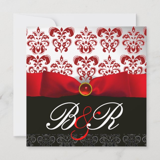 RED RIBBON RUBY WHITE BLACK  DAMASK MONOGRAM INVITATION (Front)