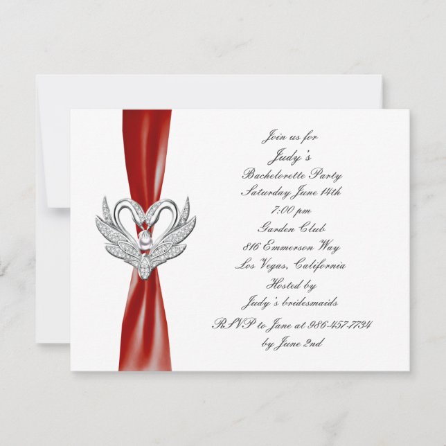 Red Ribbon Silver Swans Bachelorette Party Invite (Front)
