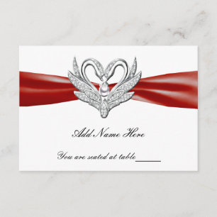 Red Ribbon Silver Swans Table Place Card