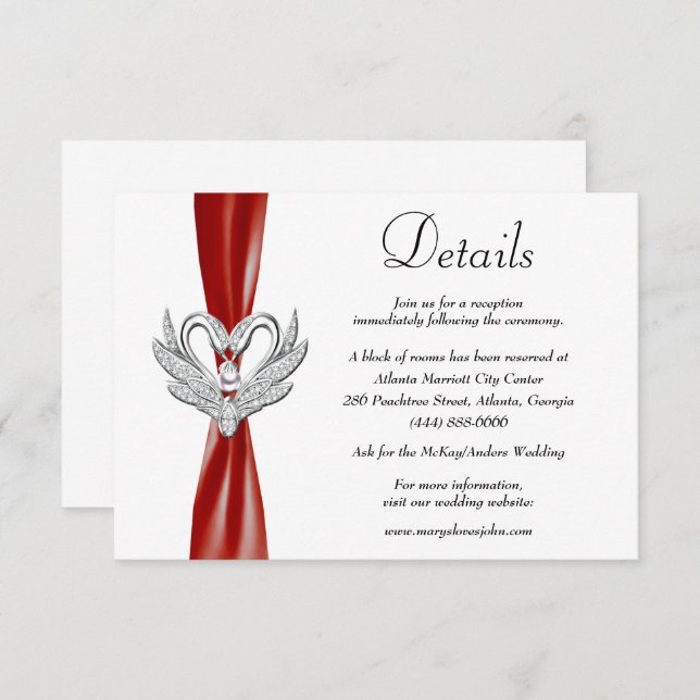 Red Ribbon Silver Swans Wedding Details Enclosure Card (Front/Back)