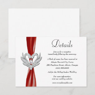 Red Ribbon Silver Swans Wedding Details Enclosure Card