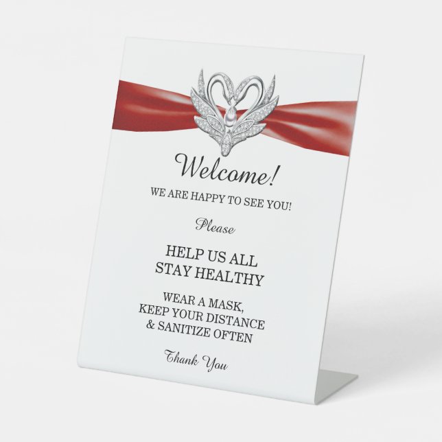 Red Ribbon Silver Swans Wedding Safety  Pedestal Sign (Front)
