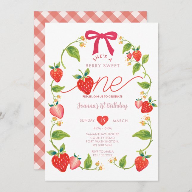 Red Ribbon Strawberry Sweet One Berry Birthday  Invitation (Front/Back)