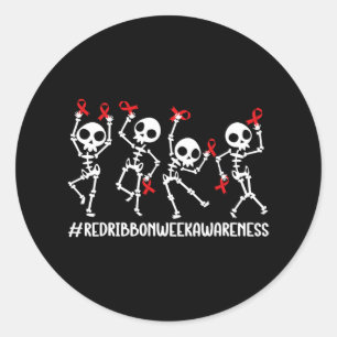 Red Ribbon Week Awareness Skeleton Halloween Women Classic Round Sticker