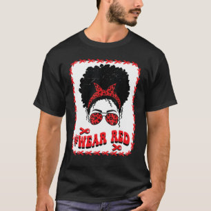 Red Ribbon Week Wink Eye Messy Bun Black Women Gla T-Shirt