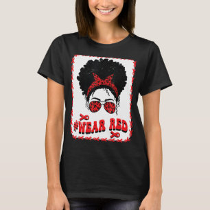 Red Ribbon Week Wink Eye Messy Bun Black Women Gla T-Shirt