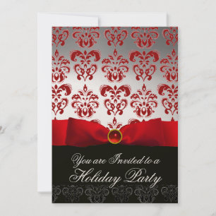RED RIBBON WHITE BLACK  DAMASK HOLIDAY PARTY Ruby Invitation