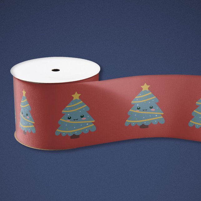 Red Ribbon with Kawaii Christmas Tree Grosgrain Ribbon (Red Ribbon with Kawaii Christmas Tree)