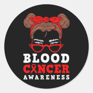 Red Ribbon Woman Messy Hair Blood Cancer Awareness Classic Round Sticker