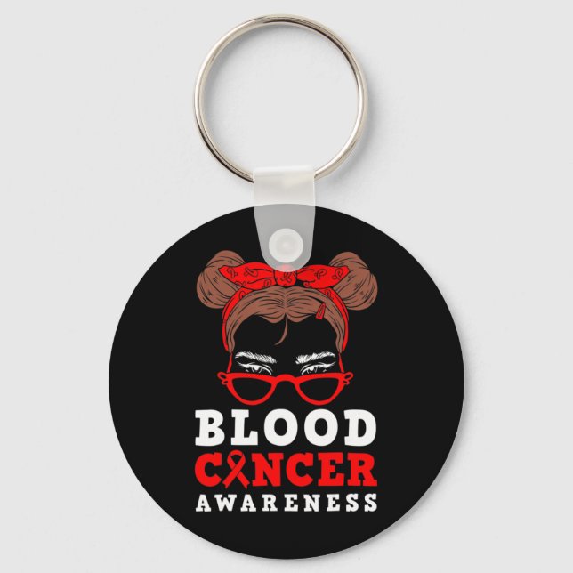 Red Ribbon Woman Messy Hair Blood Cancer Awareness Key Ring (Front)