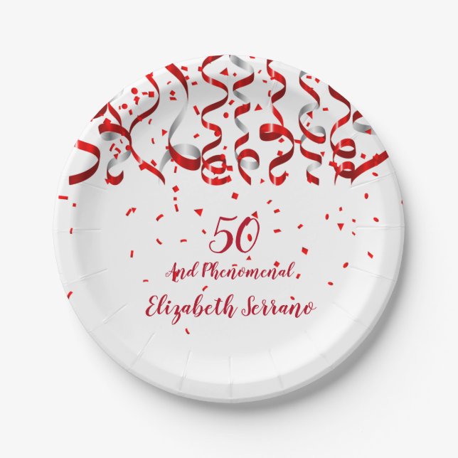 Red Ribbons And Confetti Birthday Party Paper Plate (Front)