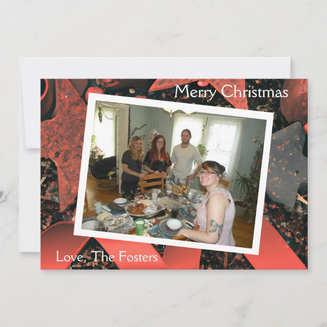 Red Ribbons and Wood Stars Country Christmas Photo Holiday Card (Front)