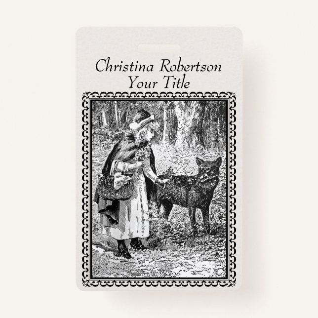 Red Riding Hood Black White Illustration Frame ID Badge (Front)