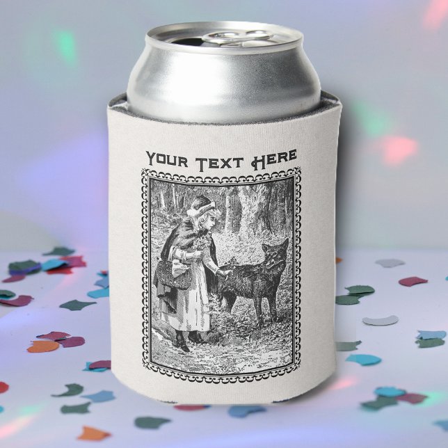 Red Riding Hood in Forest Flowers Wolf Black White Can Cooler (Red Riding hood wolf in black and white in woods in black frame in can cooler for drinks.)