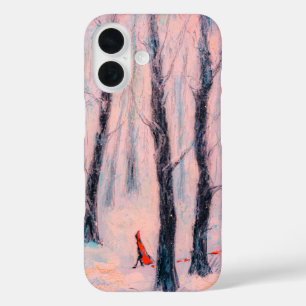 Red Riding Hood-like figure in a winter forest iPhone 16 Case