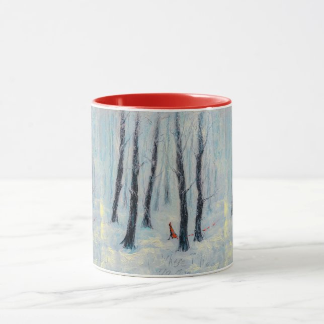Red Riding Hood-like figure in a winter forest Mug (Center)