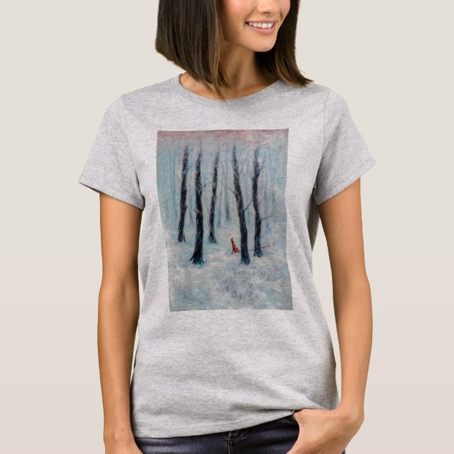 Red Riding Hood-like figure in a winter forest T-Shirt (Front)