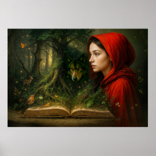 Red Riding Hood meets wolf in forest Poster