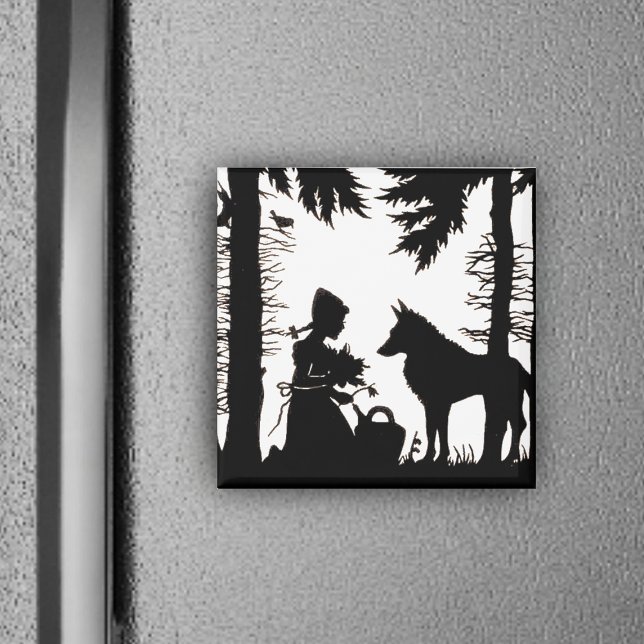 Red Riding Hood Silhouette Magnet (Black and white image Red Riding Hood in woods under trees with Wolf on magnet.)
