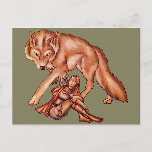 Red Riding Hood with Wolf Cartoon Drawing Postcard (Front)