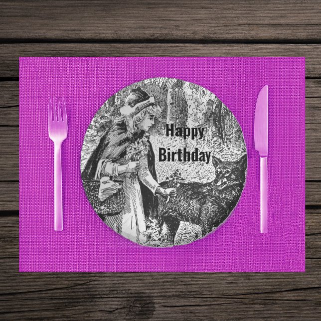 Red Riding Hood Wolf Forest Fairy Tale Birthday Paper Plate (Red riding hood with wolf on Birthday black and white paper party bowls.)