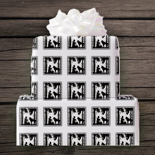 Red Riding Hood Wolf in Forest Black White Wrapping Paper (Red riding hood in forest with wolf fancy frame on black white roll of wrapping paper.)