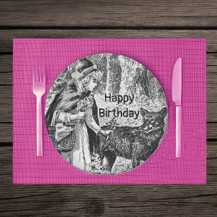 Red Riding Hood Wolf Wood Birthday Black White Paper Plate