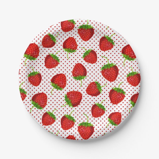 Red Ripe Strawberry and Dots Pattern Paper Plate (Front)