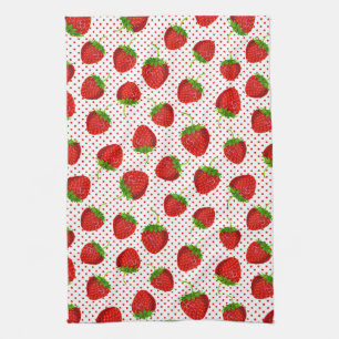Red Ripe Strawberry and Dots Pattern Tea Towel