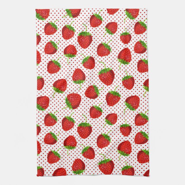 Red Ripe Strawberry and Dots Pattern Tea Towel (Vertical)