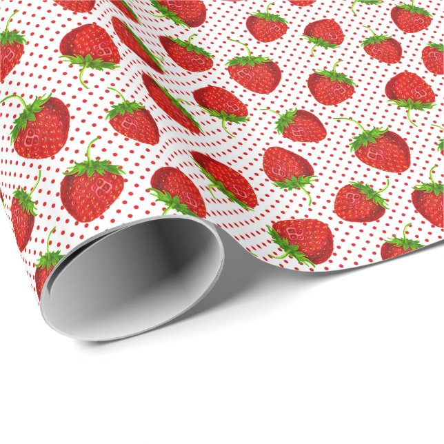 Red Ripe Strawberry and Dots Pattern  Wrapping Paper (Roll Corner)