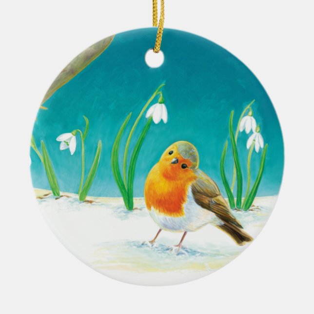 Red Robin Bird and Snowdrops Illustration  Ceramic Ornament (Front)