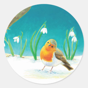 Red Robin Bird and Snowdrops Illustration Classic Round Sticker