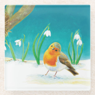 Red Robin Bird and Snowdrops Illustration Glass Coaster