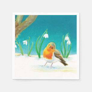 Red Robin Bird and Snowdrops Illustration Napkin