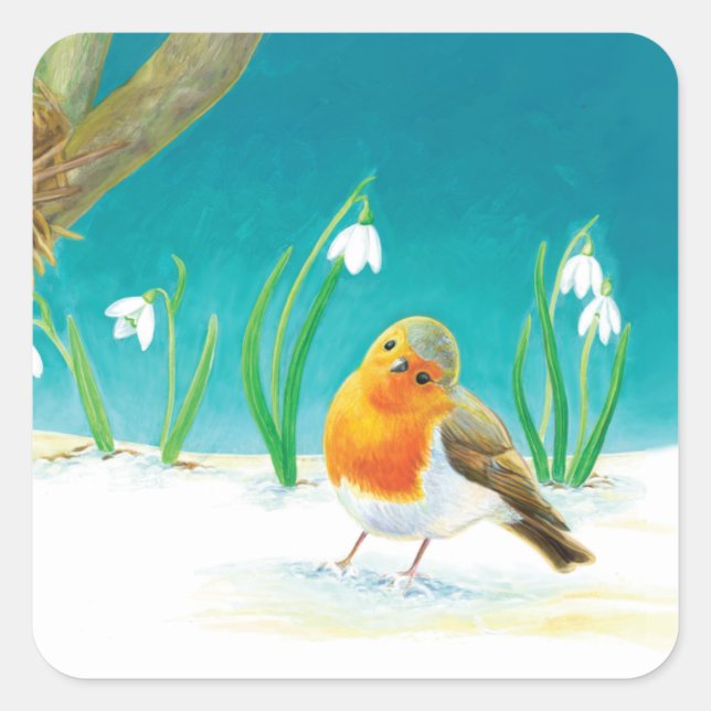 Red Robin Bird and Snowdrops Illustration Square Sticker (Front)