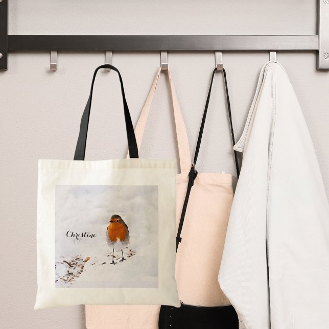Red robin bird snow name script tote bag (Creator Uploaded)