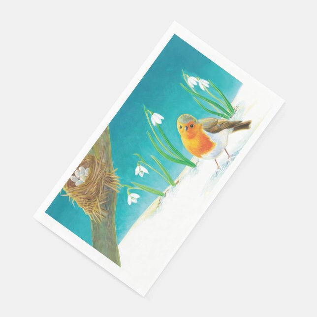 Red Robin Bird & Snowdrops Illustration  Napkin (Corner)