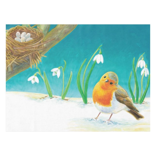 Red Robin Bird & Snowdrops Illustration Tablecloth (Front (Horizontal))