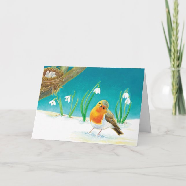 Red Robin Bird & Spring Snowdrops Illustration  Card (Front)