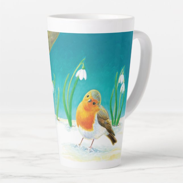 Red Robin Bird & Spring Snowdrops Illustration   Latte Mug (Right Angle)