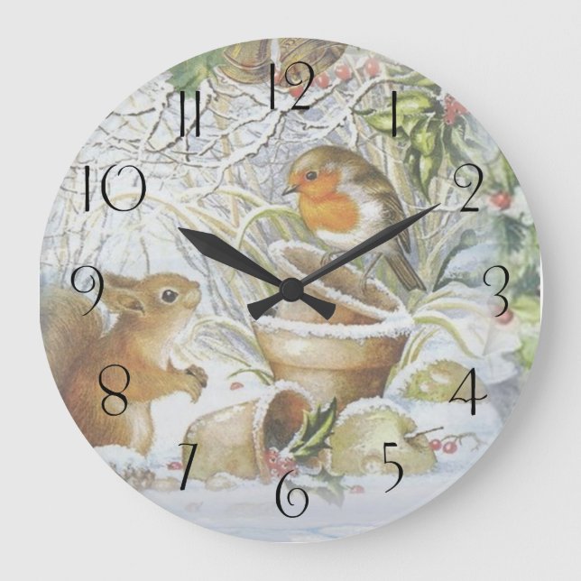 Red Robin Bird Squirrel Winter Christmas Large Clock (Front)